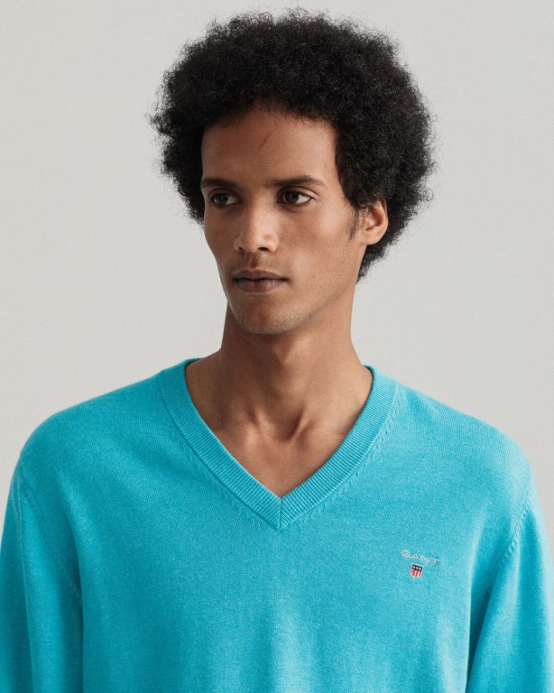 Gant Classic Cotton Men's V-neck Jumpers Blue | 9gizH0JY3b3