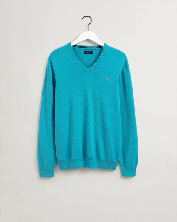 Gant Classic Cotton Men's V-neck Jumpers Blue | 9gizH0JY3b3