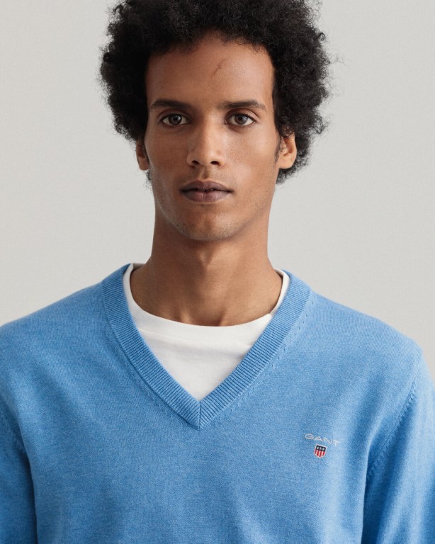 Gant Classic Cotton Men's V-neck Jumpers Blue | Lx4ZLR3L4HO