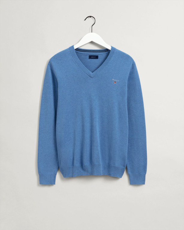 Gant Classic Cotton Men's V-neck Jumpers Blue | Lx4ZLR3L4HO