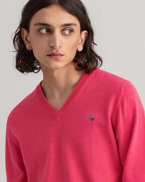 Gant Classic Cotton Men's V-neck Jumpers Pink | MScYfXt6Y1j