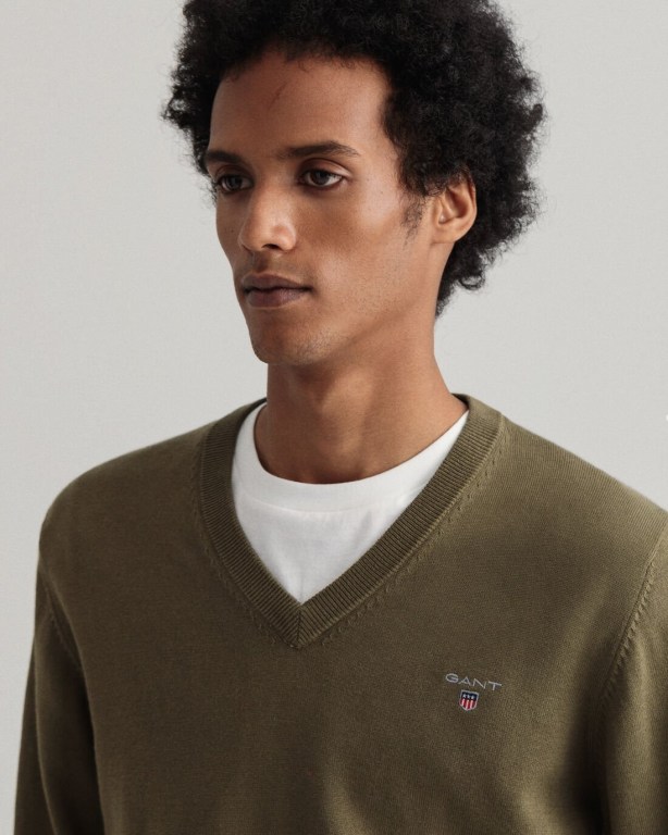 Gant Classic Cotton Men's V-neck Jumpers Green | R4PLzAcqe48