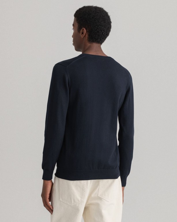 Gant Classic Cotton Men's V-neck Jumpers Blue | TR7BEk5xsQi