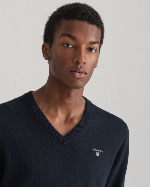 Gant Classic Cotton Men's V-neck Jumpers Blue | TR7BEk5xsQi