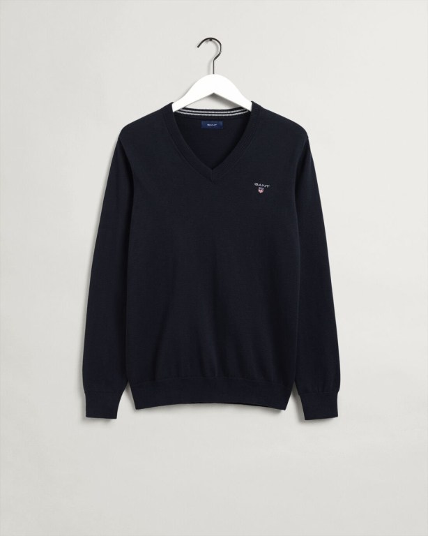 Gant Classic Cotton Men's V-neck Jumpers Blue | TR7BEk5xsQi