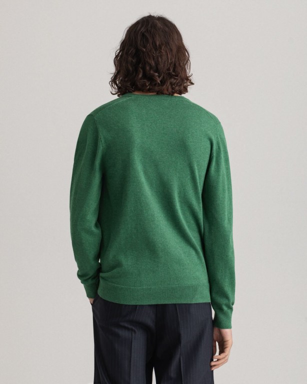 Gant Classic Cotton Men's V-neck Jumpers Green | aHlesNuBelJ