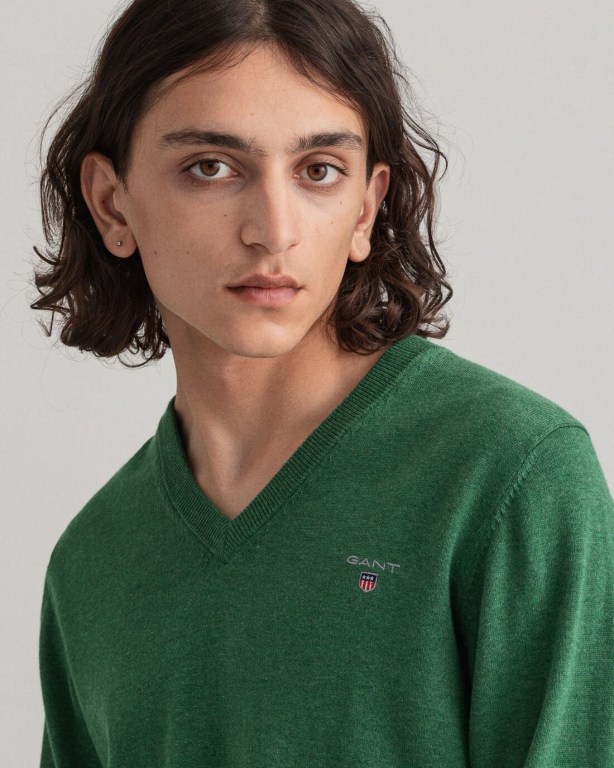 Gant Classic Cotton Men's V-neck Jumpers Green | aHlesNuBelJ