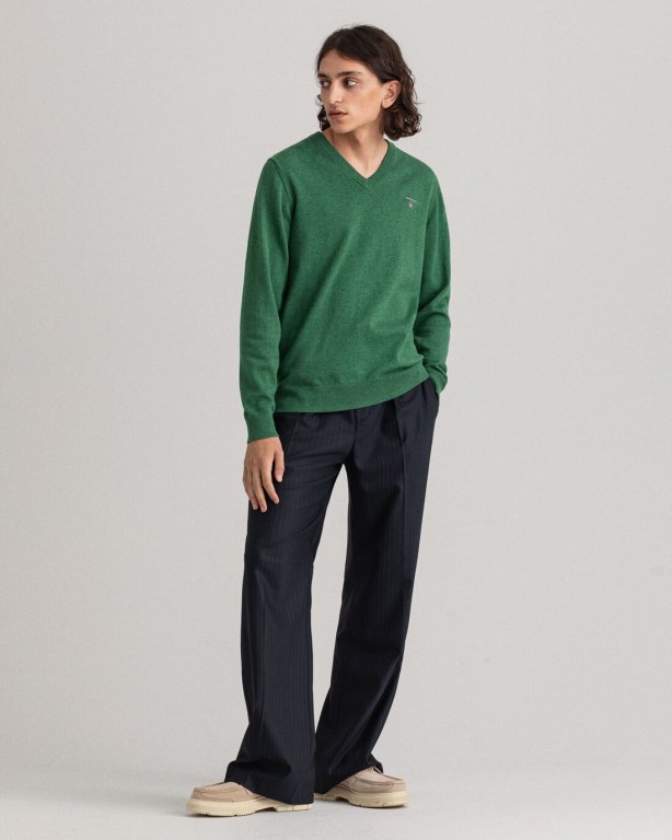 Gant Classic Cotton Men's V-neck Jumpers Green | aHlesNuBelJ