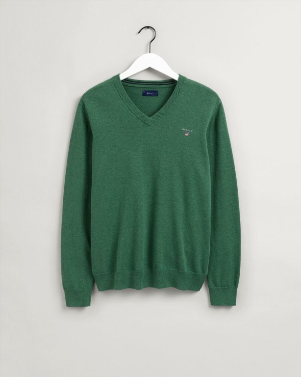 Gant Classic Cotton Men's V-neck Jumpers Green | aHlesNuBelJ