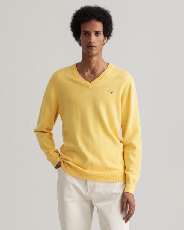 Gant Classic Cotton Men\'s V-neck Jumpers Orange Yellow | ldT31HBdAgL