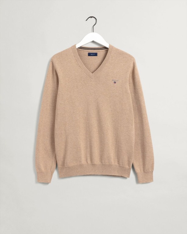 Gant Classic Cotton Men's V-neck Jumpers Khaki | lwa8Tbbv7LN