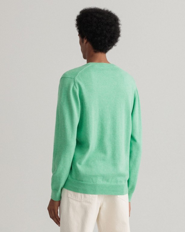 Gant Classic Cotton Men's V-neck Jumpers Green | tdEIiQiFCWd