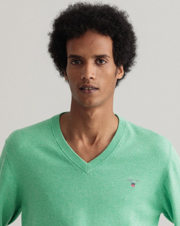 Gant Classic Cotton Men's V-neck Jumpers Green | tdEIiQiFCWd