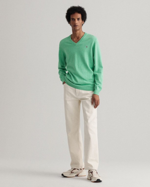 Gant Classic Cotton Men's V-neck Jumpers Green | tdEIiQiFCWd