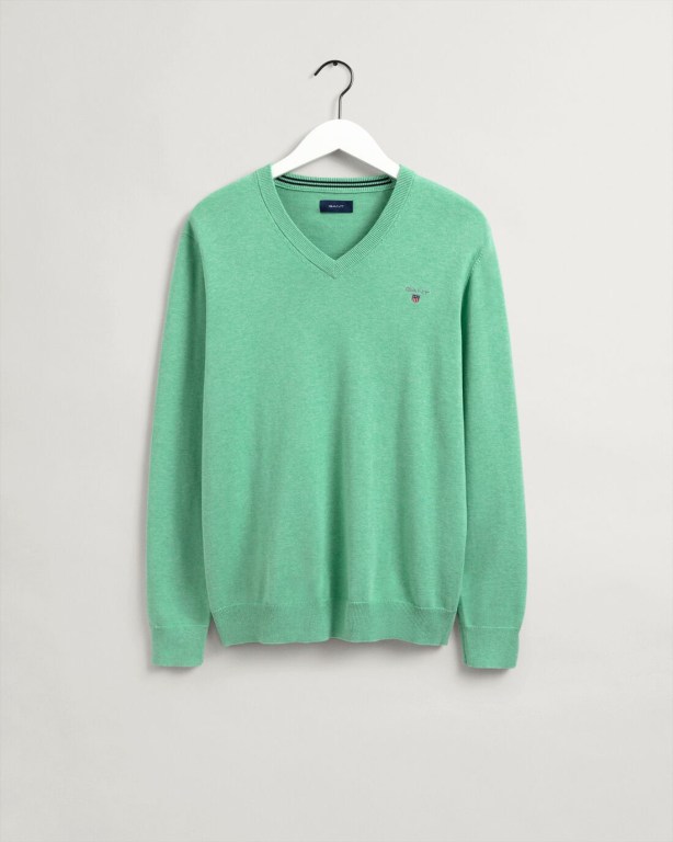 Gant Classic Cotton Men's V-neck Jumpers Green | tdEIiQiFCWd