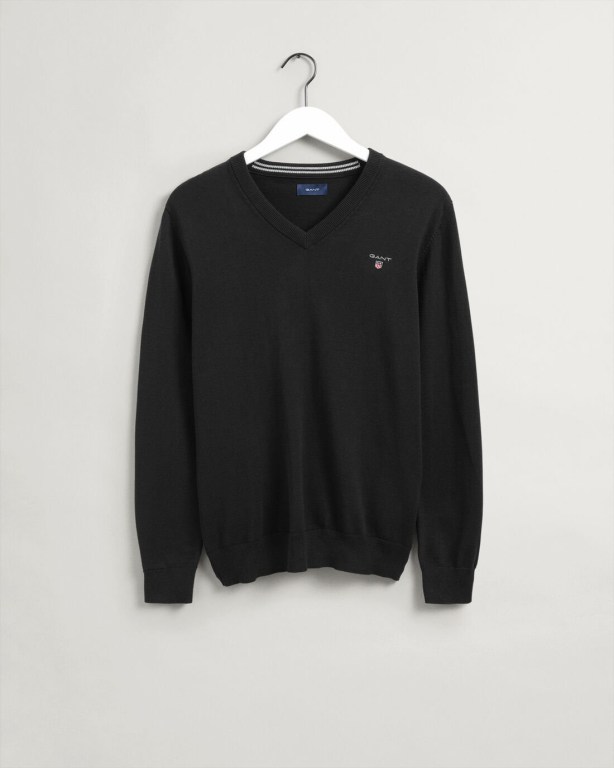 Gant Classic Cotton Men's V-neck Jumpers Black | wp6cl8cYf16