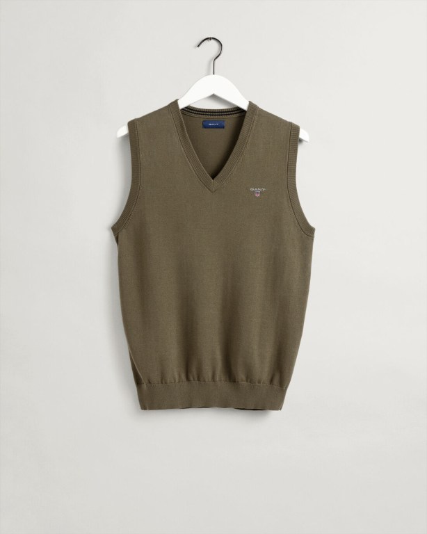 Gant Classic Cotton Sweater Men's Vest Green | Mbyw9TcVNA8