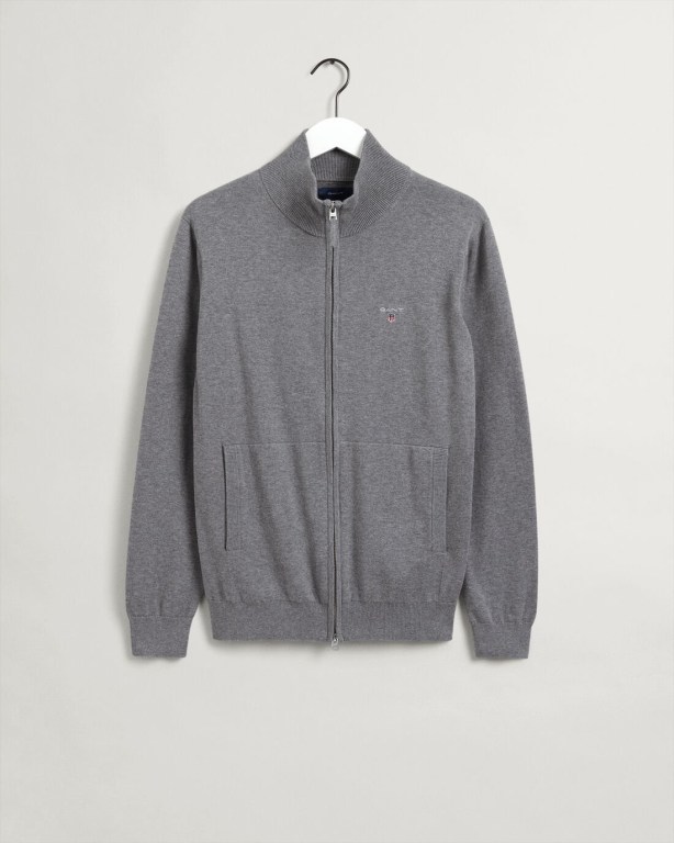 Gant Classic Cotton Zip Cardigan Men's Full Zip Jumpers Dark Grey | TkM3CKCUhfW