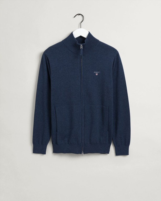 Gant Classic Cotton Zip Cardigan Men's Full Zip Jumpers Blue | frTOpVo9A21