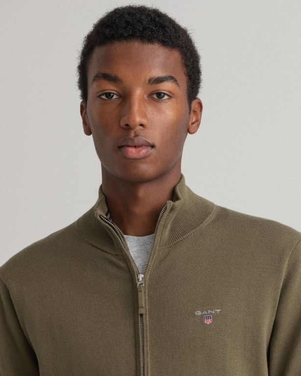 Gant Classic Cotton Zip Men's Cardigans Green | YJkdxdY4TQc