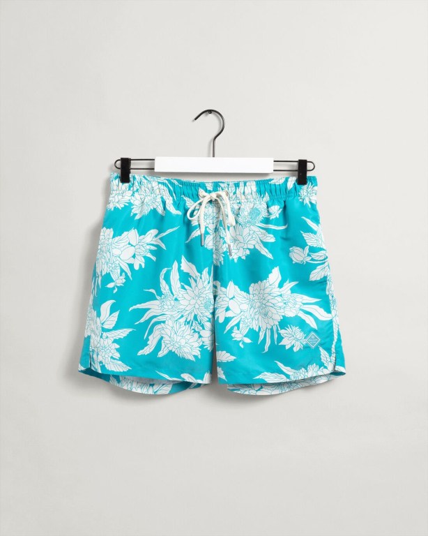 Gant Classic Fit Dahlia Flower Print Swim Men's Shorts Turquoise | vgYK8gn7F1s