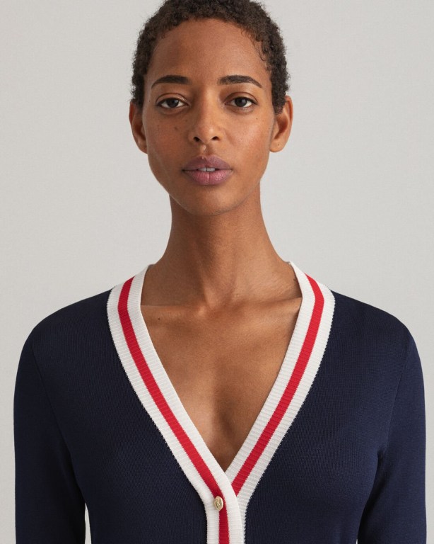 Gant Contrast Border Cardigan Women's Dresses Blue | ydzQl93Haz1