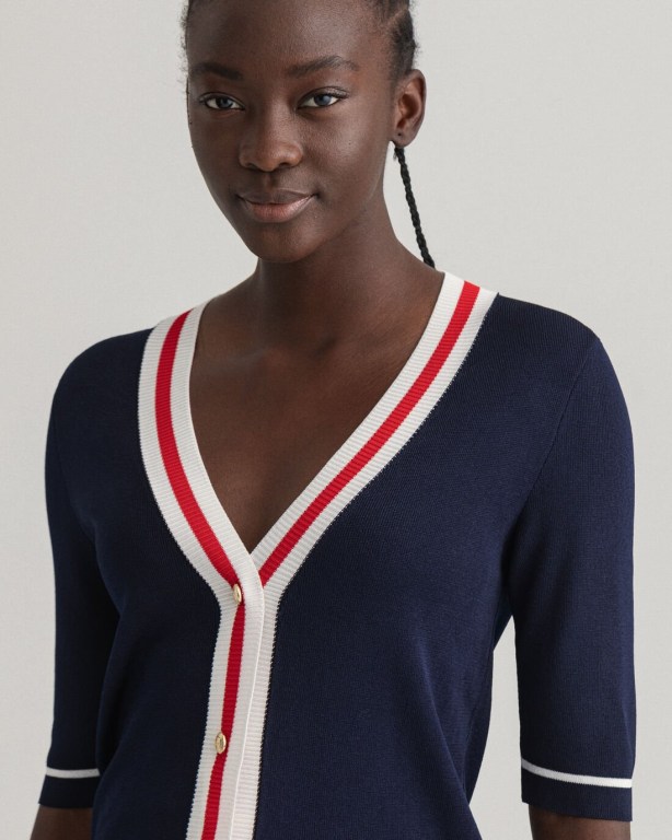 Gant Contrast Border Top Women's Cardigans Blue | 8eXsHJHfJwq