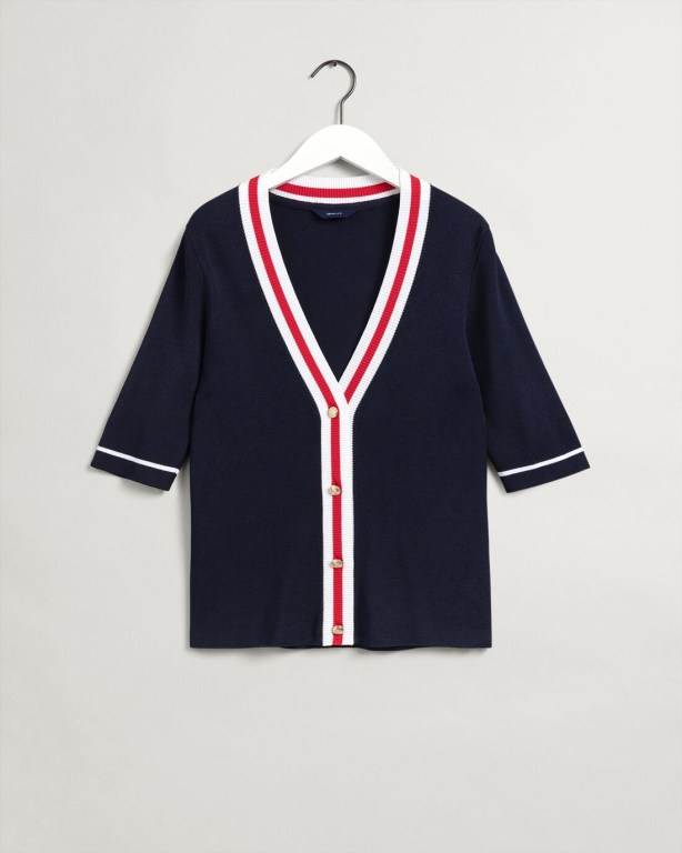 Gant Contrast Border Top Women's Cardigans Blue | 8eXsHJHfJwq