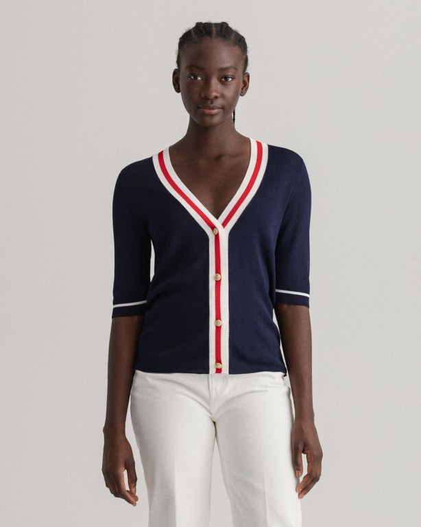 Gant Contrast Border Top Women\'s Cardigans Blue | 8eXsHJHfJwq