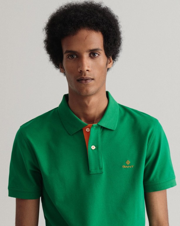 Gant Contrast Color Piqué Men's Polo Shirts Green | 79b79cZ0NSf