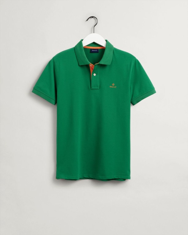 Gant Contrast Color Piqué Men's Polo Shirts Green | 79b79cZ0NSf