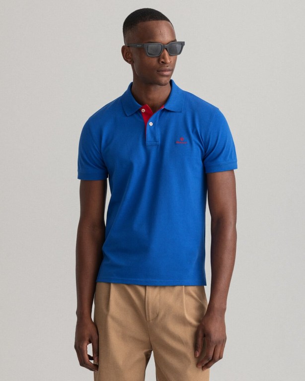 Gant Contrast Color Piqué Men\'s Polo Shirts Blue | VZ6Ik1X5Poz