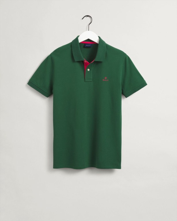 Gant Contrast Color Piqué Men's Polo Shirts Green | VccodzmYFQZ