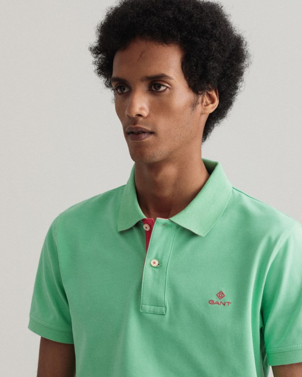 Gant Contrast Color Piqué Men's Polo Shirts Green | oIvAnfGnDhw