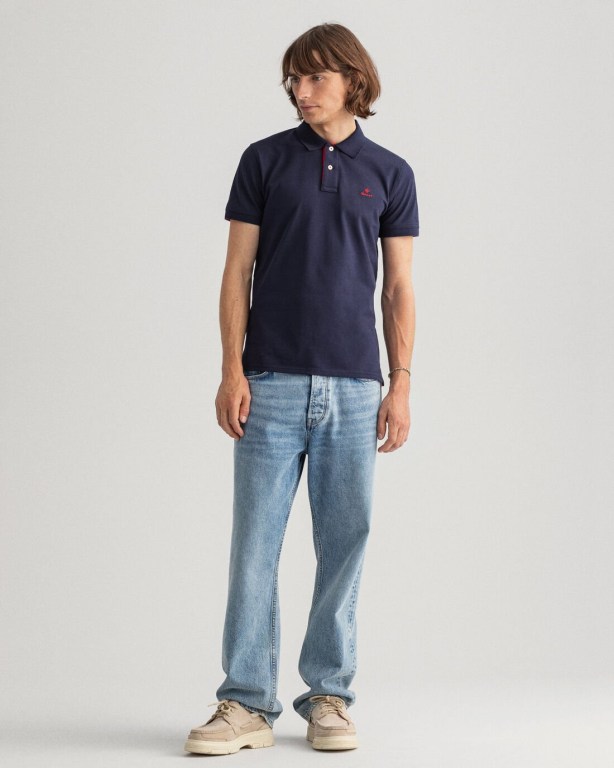 Gant Contrast Color Piqué Men's Polo Shirts Blue | wkiTxjcqmPP