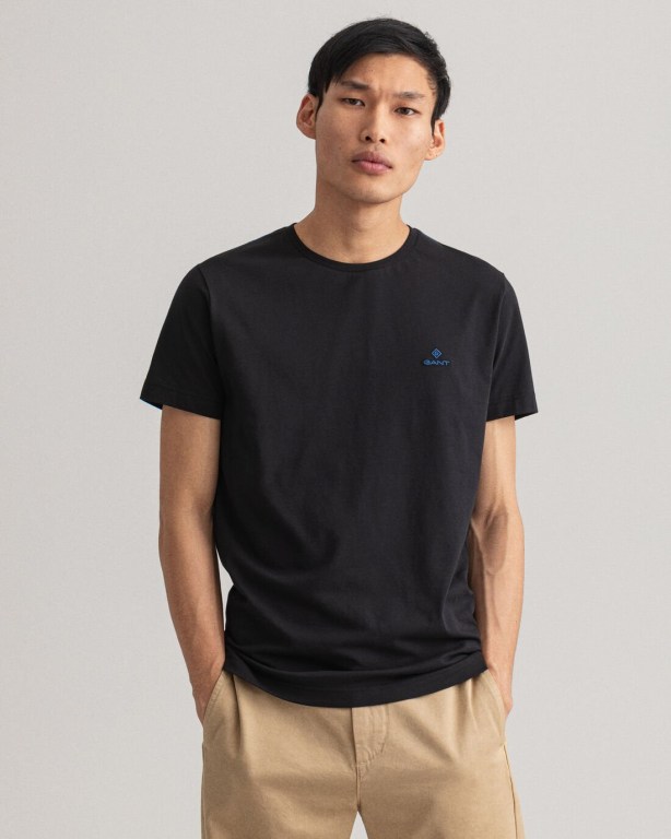 Gant Contrast Logo Men's T-shirts Black | TxSOJGjPMps