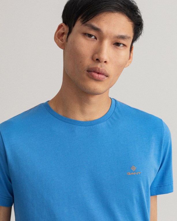 Gant Contrast Logo Men's T-shirts Blue | 1FZT2POF13n