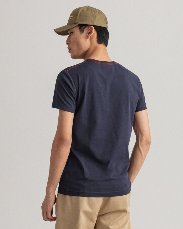 Gant Contrast Logo Men's T-shirts Blue | EQ6AcluaFSN