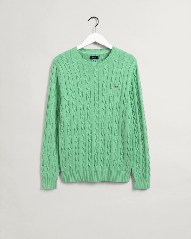 Gant Cotton Cable Crew Neck Men's Cable Knit Jumpers Mint | AMAsvuIMa9Q