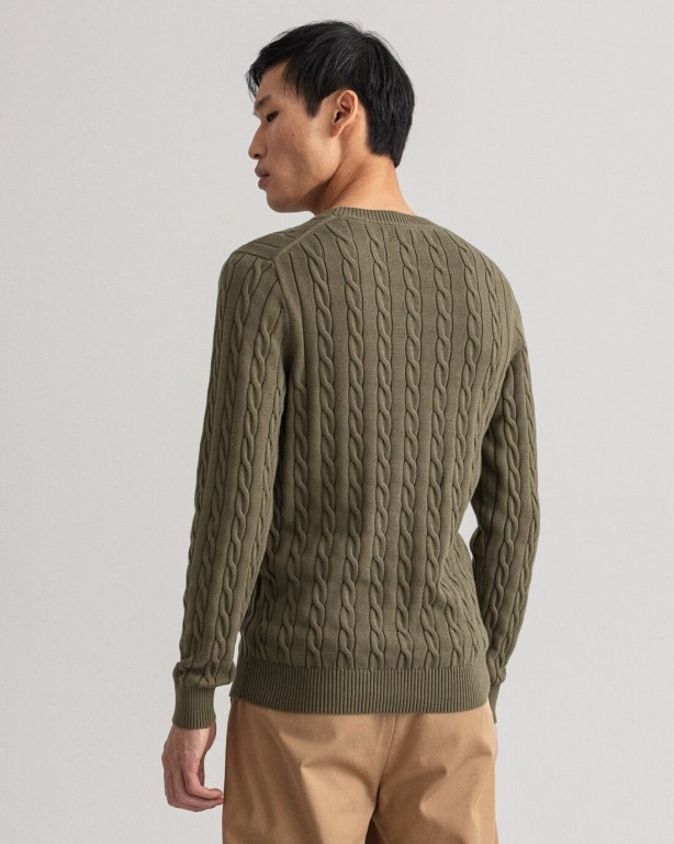 Gant Cotton Cable Crew Neck Men's Cable Knit Jumpers Green | ELAvKOj9Np5