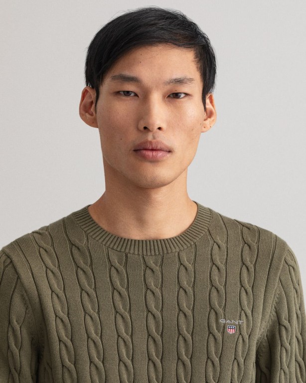 Gant Cotton Cable Crew Neck Men's Cable Knit Jumpers Green | ELAvKOj9Np5