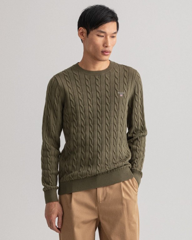 Gant Cotton Cable Crew Neck Men's Cable Knit Jumpers Green | ELAvKOj9Np5