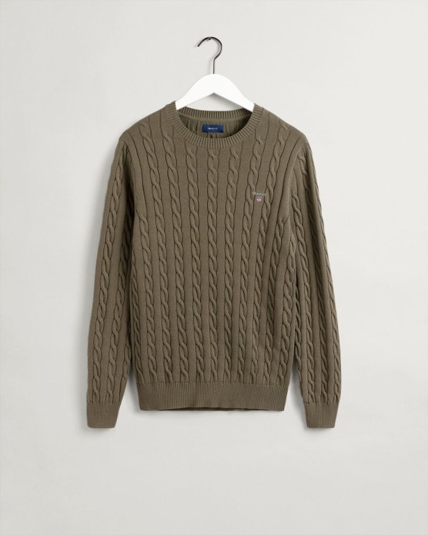 Gant Cotton Cable Crew Neck Men's Cable Knit Jumpers Green | ELAvKOj9Np5