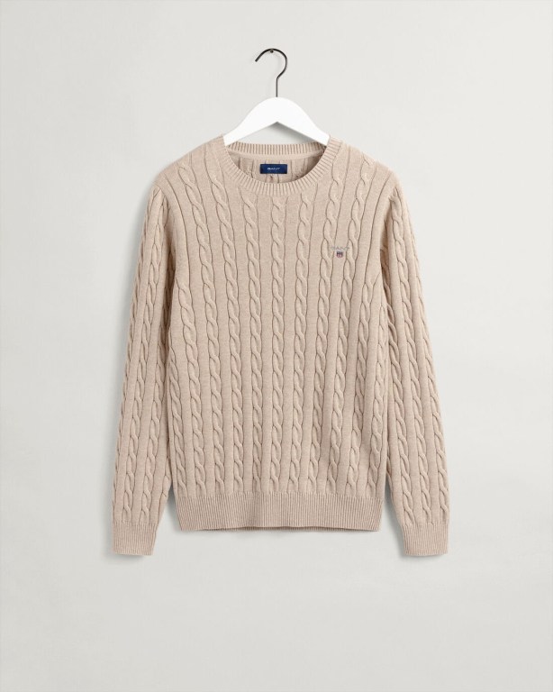 Gant Cotton Cable Crew Neck Men's Cable Knit Jumpers Brown | KtE8mxMCKfA