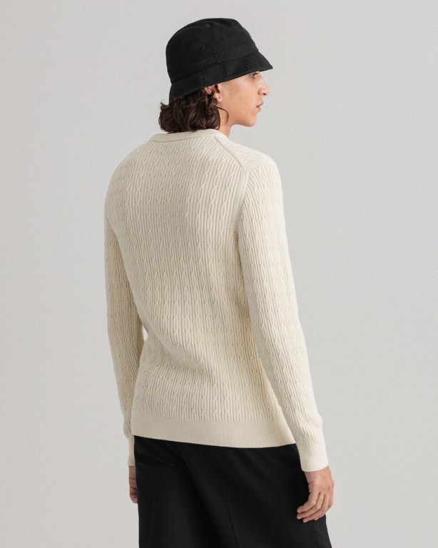 Gant Cotton Cable Crew Neck Men's Cable Knit Jumpers Cream | P2JFSyjRQEM