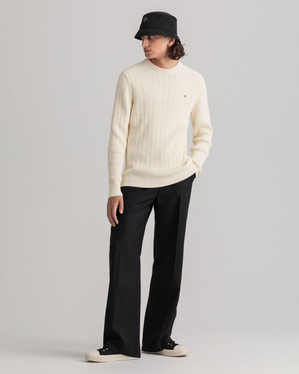 Gant Cable Knit Jumpers USA Cotton Cable Crew Neck Mens Cream