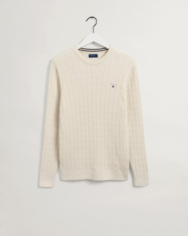 Gant Cotton Cable Crew Neck Men's Cable Knit Jumpers Cream | P2JFSyjRQEM