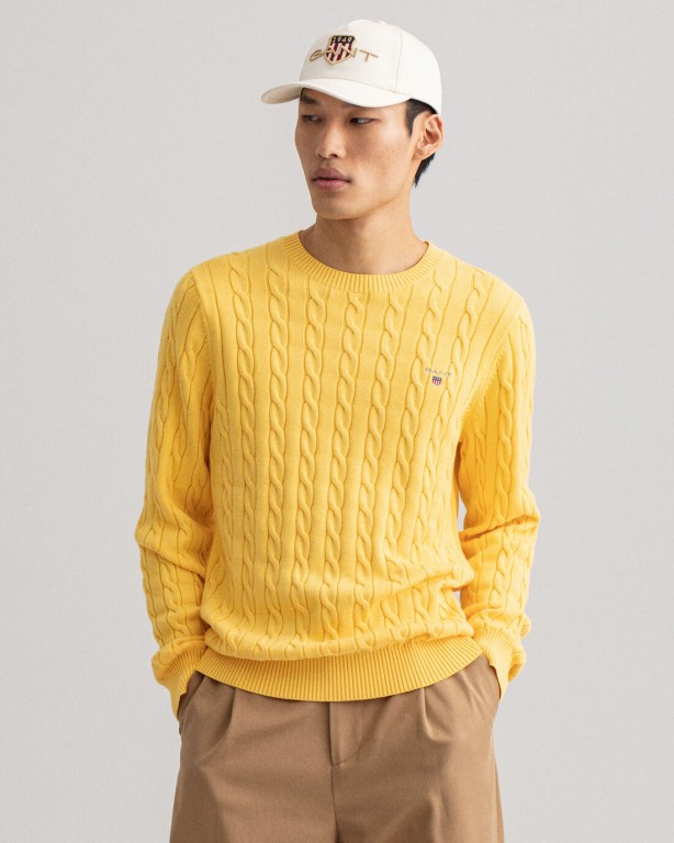 Gant Cotton Cable Crew Neck Men's Cable Knit Jumpers Orange Yellow | QHh60PWweDu