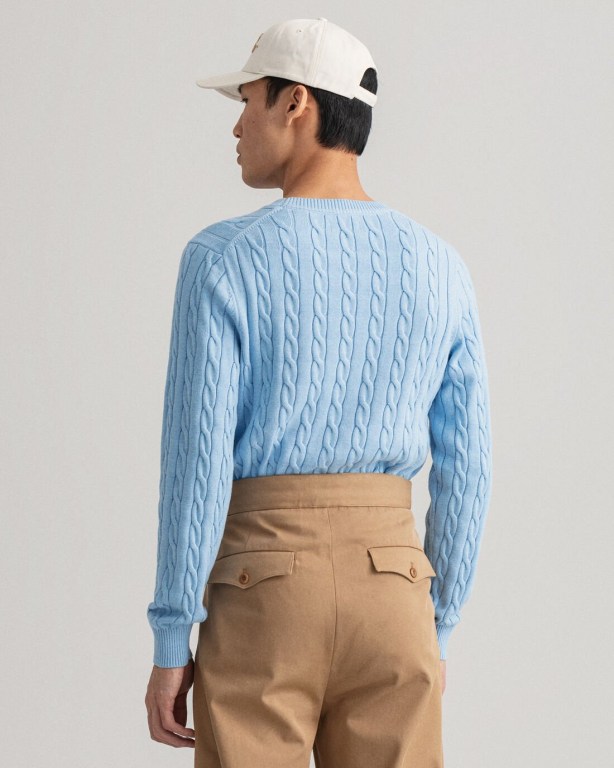 Gant Cotton Cable Crew Neck Men's Cable Knit Jumpers Blue | XkY3OBKhbLT