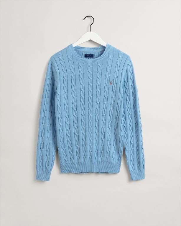 Gant Cotton Cable Crew Neck Men's Cable Knit Jumpers Blue | XkY3OBKhbLT